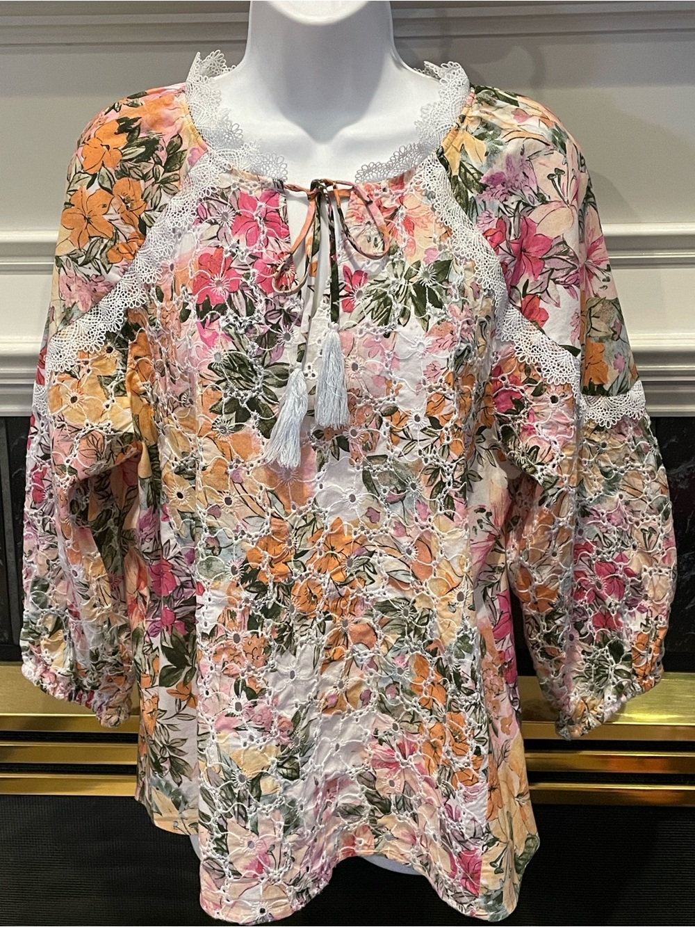 Floral Lace Trim Smock Style Top